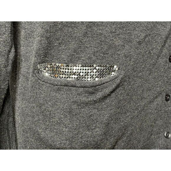 Cache Gray V-Neck Boyfriend Long Cardigan Sweater Sz M Silver Mesh Pocket Detail - Picture 3 of 7